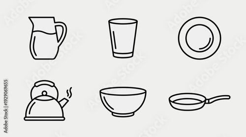 Basic Kitchen Utensils Vector Set – Essential Cooking and Serving Icons Featuring Pitcher, Glass, Plate, Bowl, Kettle, and Frying Pan for Culinary Design Projects