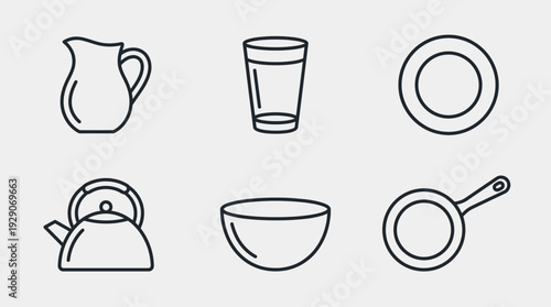 Basic Kitchen Utensils Vector Set – Essential Cooking and Serving Icons Featuring Pitcher, Glass, Plate, Bowl, Kettle, and Frying Pan for Culinary Design Projects