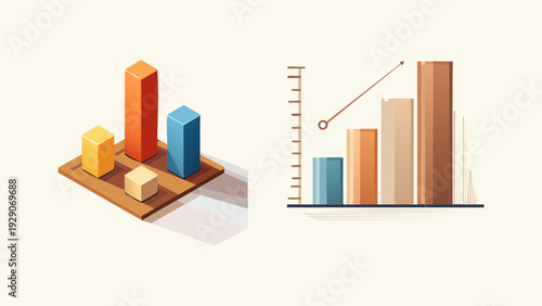 Dynamic visual concept featuring a detailed isometric bar graph alongside a modern flat design chart, ideal for illustrating data trends and performance metrics for business analysis