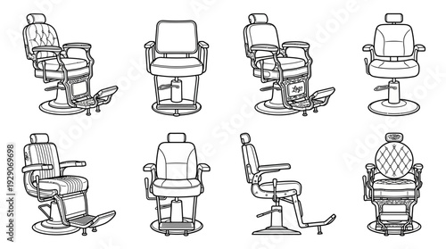 Barbershop Chair Vector Set – Classic and Modern Salon Seating Icons Featuring Reclining Styles and Footrests for Haircut Graphics and Grooming Design Projects
