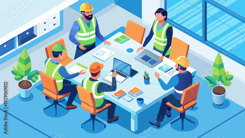 Close up of professional team reviewing blueprints and technical drawings at a workplace desk..eps