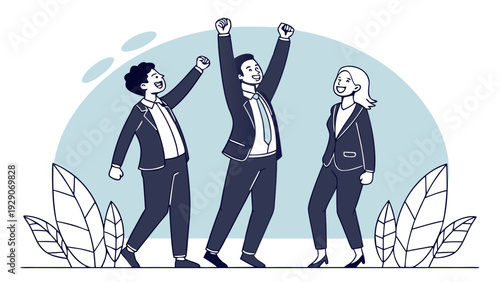 Colleagues cheering for achievement and project goal completion.eps