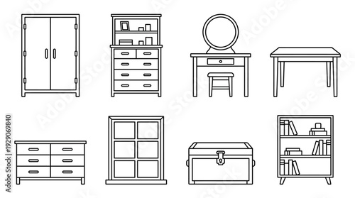 Interior Furniture Vector Set – Classic Home Storage and Seating Icons Featuring Wardrobe, Vanity, Bookshelf, Table, and Chest for Decor Graphics and Room Design Projects