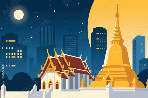 Illustration Of Thailand's Golden Temple And Pagoda At Night With City View Vector Design Template