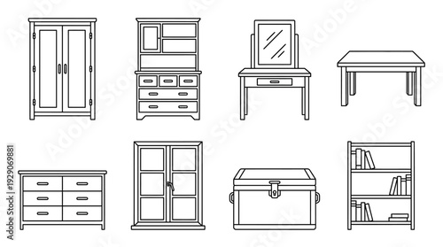Interior Furniture Vector Set – Classic Home Storage and Seating Icons Featuring Wardrobe, Vanity, Bookshelf, Table, and Chest for Decor Graphics and Room Design Projects
