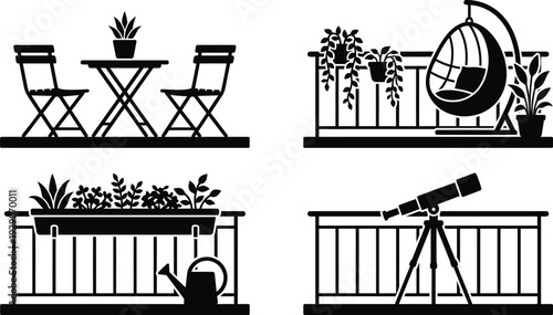 A set of minimalist balcony illustrations with furniture and plants in a flat design style