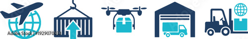 A set of logistics icons including airplane, shipping crate, drone, warehouse, and forklift