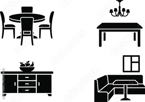A set of minimalist black and white vector icons depicting various furniture pieces for home decor