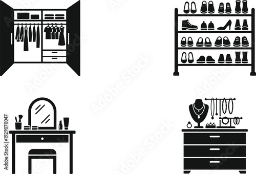 A set of minimalist black and white vector icons depicting a closet and dressing room essentials