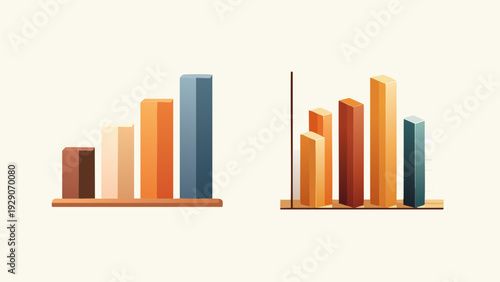 Two bar graphs illustrating growth and data trends with ascending bars in shades of brown, orange, and blue
