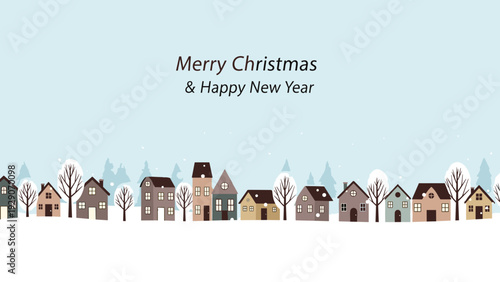 Charming winter village scene with cozy houses nestled under a soft blue sky featuring holiday greetings for Christmas and New Year.