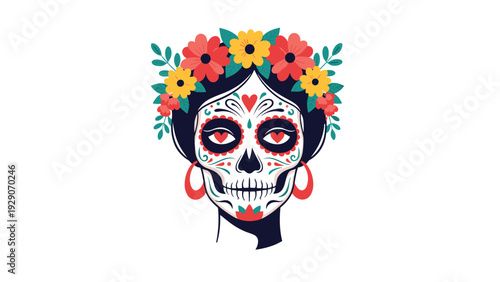 Illustration of a woman with traditional sugar skull makeup and a vibrant floral crown for the day of the dead celebration.
