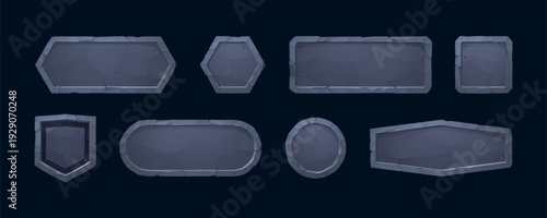 Stone game frame collection with rocky textures and cartoon UI buttons for fantasy adventure interfaces. Ancient tablet designs of jungle themed plaques, medieval borders for mobile RPG menu panels.