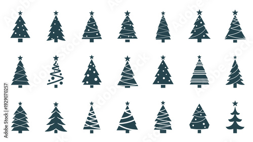 Comprehensive set of twenty one unique Christmas tree icons in a dark blue silhouette style for festive holiday design projects.