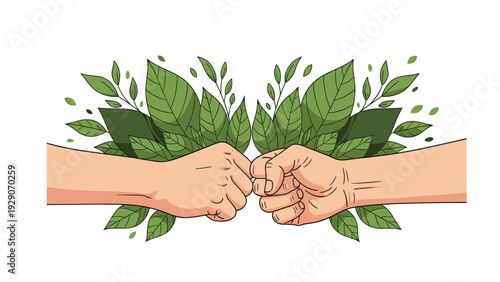Two hands performing a fist bump in front of lush green leaves symbolizing a partnership, agreement, or environmental cooperation.