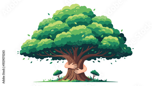 Heartwarming illustration of arms hugging a large, lush green tree representing environmental protection and love for nature.