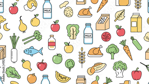 Comprehensive seamless pattern of diverse food items including dairy products, meats, fruits, vegetables, and grains for healthy eating.