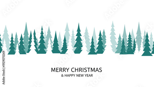 Simple winter border of layered green pine trees with a festive greeting for a merry Christmas and a happy New Year.