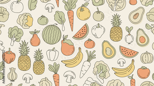 Colorful seamless pattern featuring a variety of hand drawn fruits and vegetables like carrots, bananas, watermelons, and pineapples.