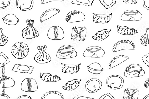 Seamless pattern of dumplings, pelmeni, khinkali, jiaozi, ravioli, manty, pyanse. Hand drawn