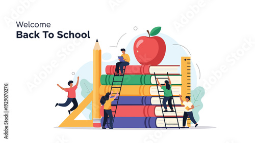 Welcome back to school graphic featuring small students climbing a giant stack of books topped with a red apple and school supplies.