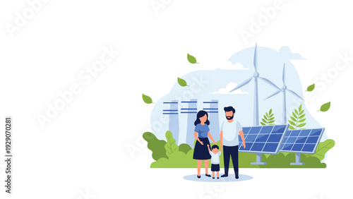 Young family standing together in a field with wind turbines and solar panels symbolizing a clean, sustainable energy future.