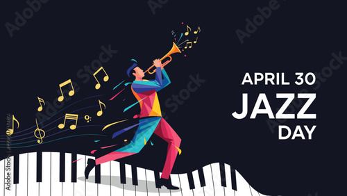 Vibrant geometric illustration of a musician playing a trumpet over piano keys to celebrate international jazz day on April 30.