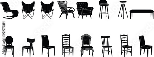 Collection of Modern and Classic Chair Silhouettes with Armchair Stool and Bench Isolated on White Background Furniture Vector Set