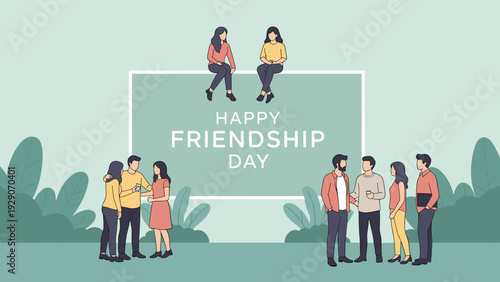Happy Friendship Day illustration featuring diverse groups of friends talking and spending time together in a park-like setting.
