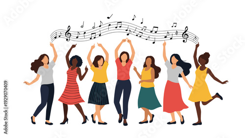 Group of diverse women joyfully dancing and celebrating under a flowing musical staff with notes representing harmony and song.