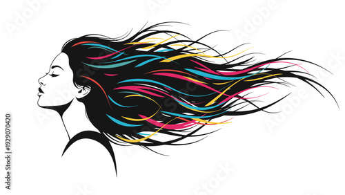 Profile illustration of a woman with long black hair blowing in the wind featuring vibrant multicolored highlights on a white background.