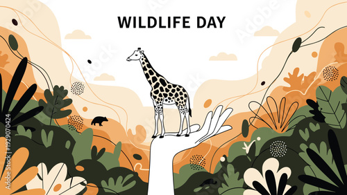 World Wildlife Day concept illustration featuring a small giraffe standing on a large protective hand in a lush jungle landscape.