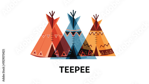Stylized illustration of three traditional Native American teepees in shades of orange, blue, and yellow with patterns and decorative text.