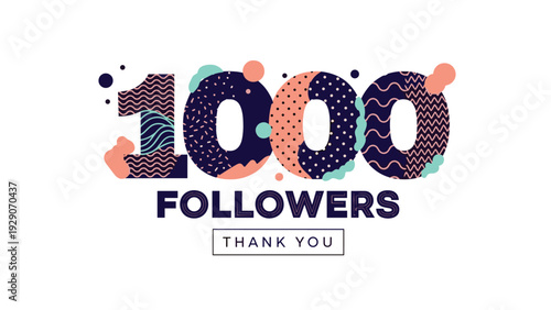 Creative graphic design celebrating a milestone of one thousand followers with patterned numbers and a simple thank you message.