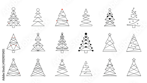 Collection of fifteen unique and minimalist Christmas tree designs in black and white line art arranged in a neat grid on a white background.