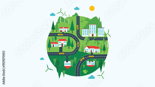 Conceptual illustration of an eco-friendly city on a green globe featuring renewable energy from wind turbines and sustainable urban living.