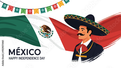 Mexican Independence Day celebration featuring a man in a traditional sombrero and suit standing before a waving national flag.