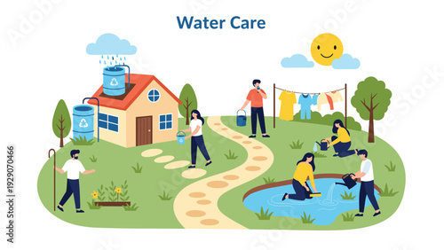 Educational illustration about water conservation showing people collecting rainwater, watering plants, and using water wisely at home.