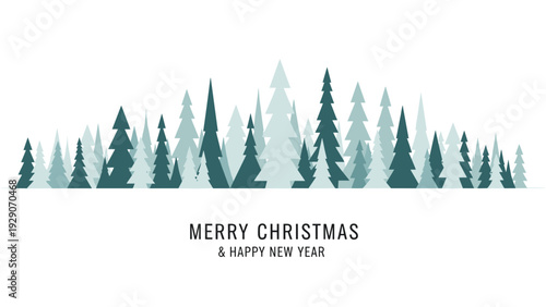 Minimalist holiday greeting card featuring a dense forest of evergreen trees in various shades of blue and green with a festive message.