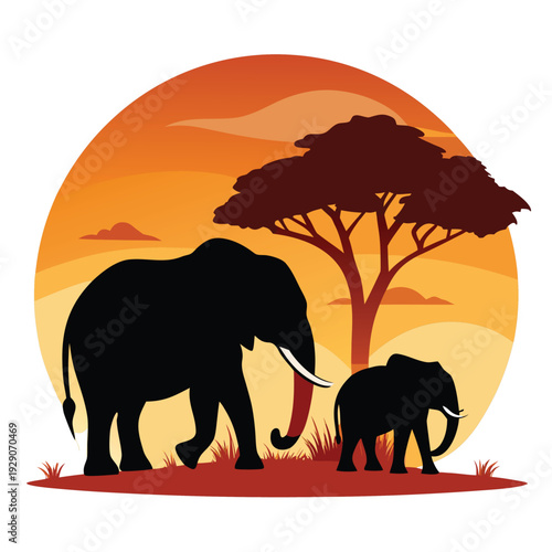 Elephant and calf silhouettes walking across an African savanna during a vibrant sunset