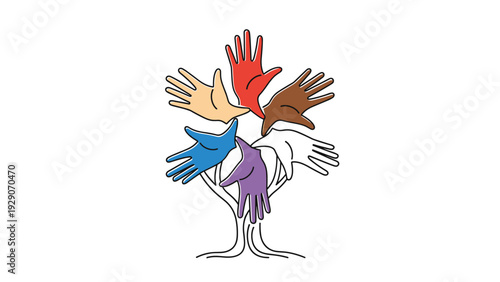 Symbolic tree with colorful hands of different skin tones as its leaves representing global diversity, inclusion, and community support.