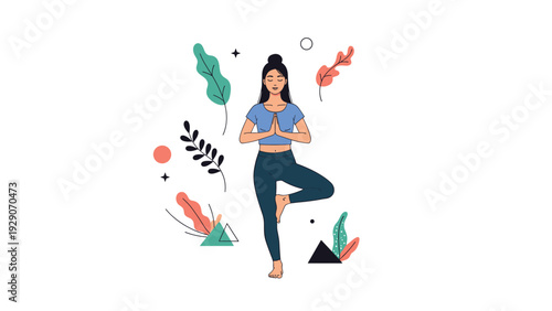 Peaceful illustration of a woman practicing the yoga tree pose surrounded by decorative floating leaves and abstract geometric shapes.