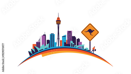 Creative illustration of the Sydney skyline with landmarks like the Opera House and Tower on a colorful arching path with a kangaroo sign.