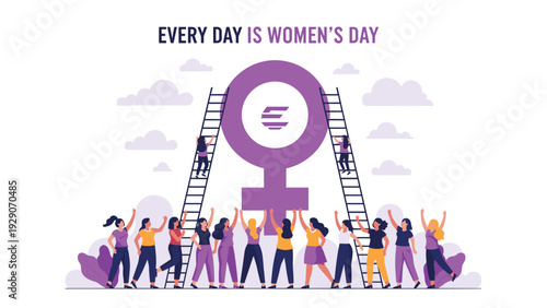Empowering message for International Women's Day featuring many diverse women supporting each other around a large purple female gender symbol.