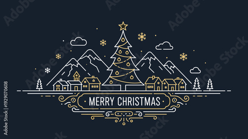 Elegant Christmas line art illustration featuring a village with snow covered houses a decorated tree and mountains under a starry sky.