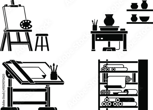 A set of four black and white vector graphics depicting various art and design workstations and tools