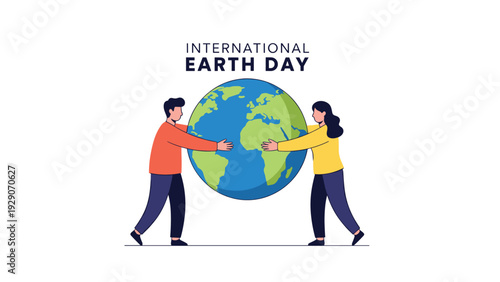 International Earth Day illustration featuring a man and a woman embracing a large globe of the earth to show environmental care.