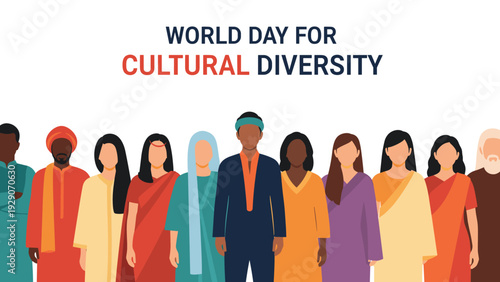 World Day for Cultural Diversity poster featuring a group of people from different backgrounds wearing traditional ethnic clothing.