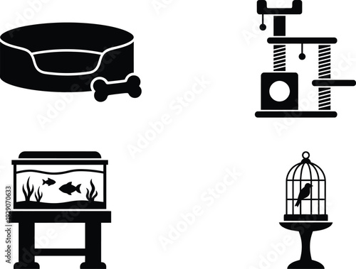 A set of four black and white pet icons including a dog bowl, coffee grinder, fish tank, and bird cage
