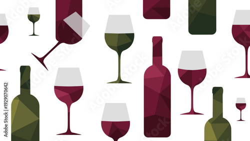 Seamless pattern of wine bottles and glasses in various shades of red and green using a geometric low poly illustration style.